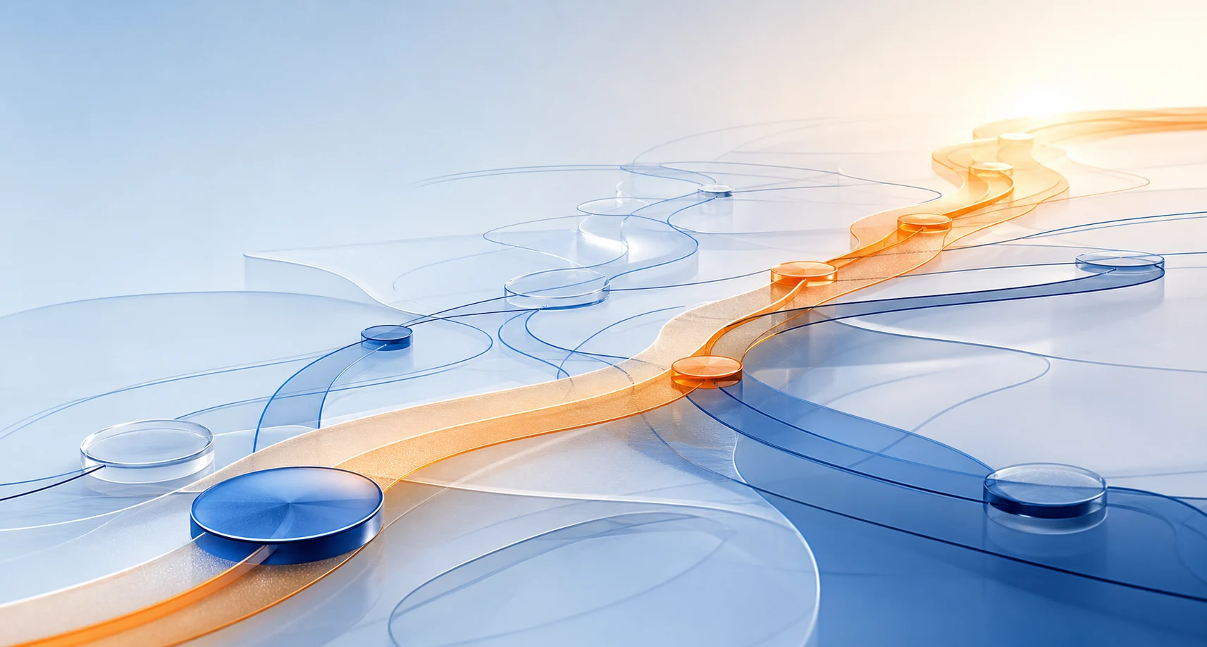 Blue and orange translucent pathways converging toward a clear direction