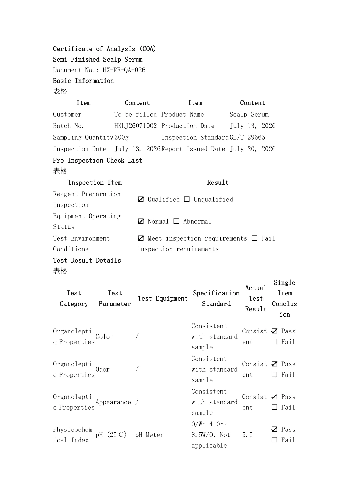 First page of a July 2026 certificate of analysis for a semi-finished scalp serum