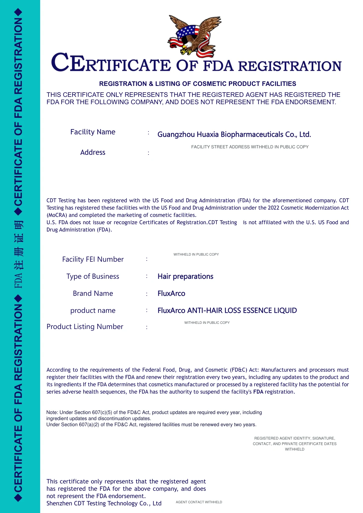 Public copy of the first page of a third-party cosmetic registration-agent record with listing identifiers and private contact details withheld