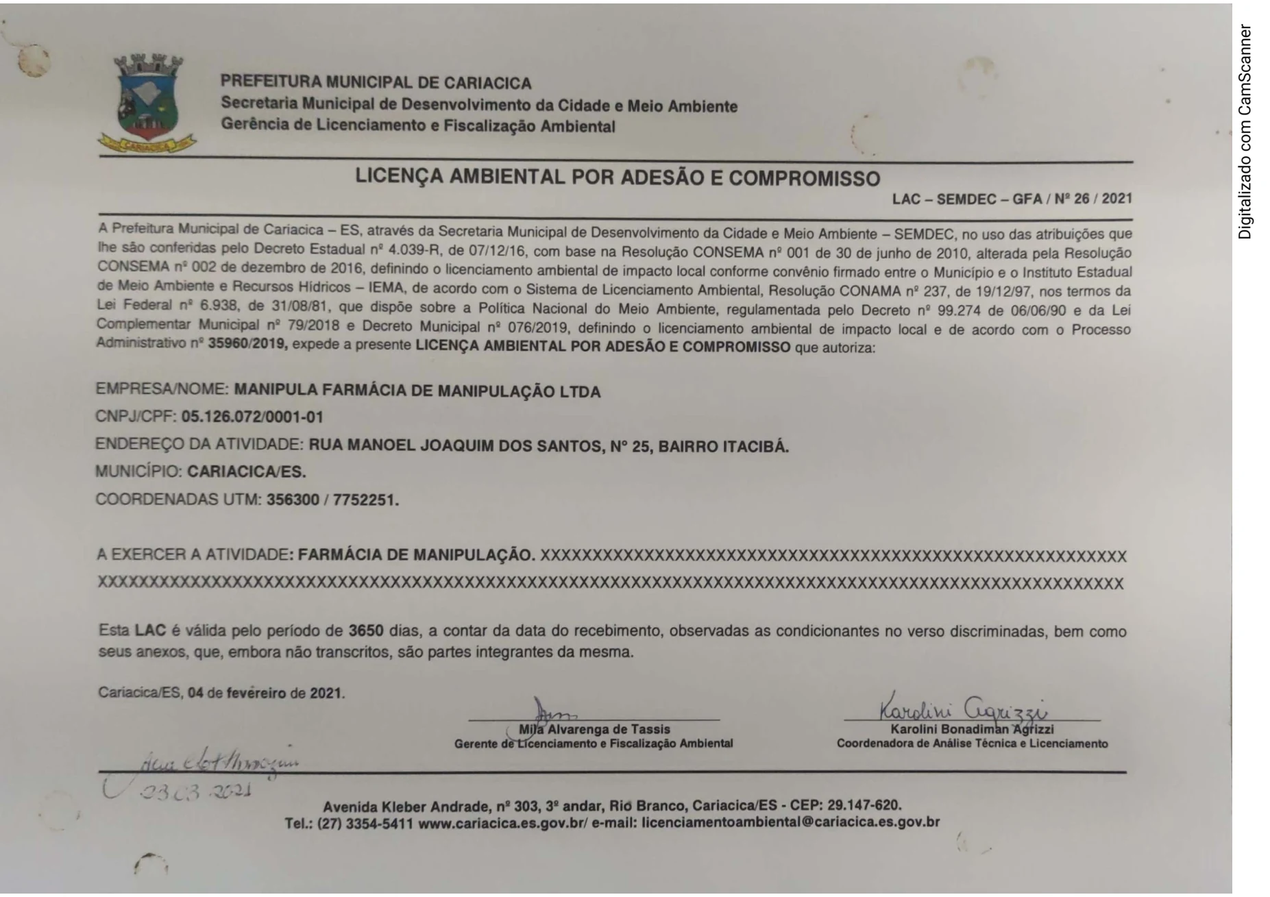 First page of Manipula Environmental License by Adhesion and Commitment number 26 of 2021 from the Municipality of Cariacica