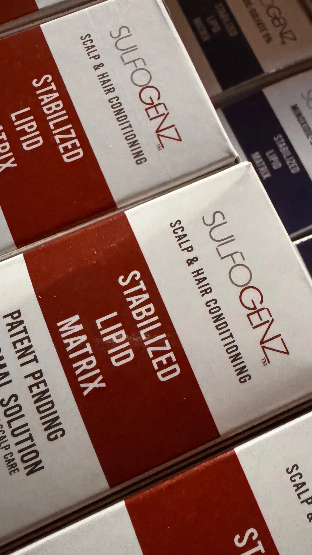 Red and white SulfoGenz cartons prepared during formulation development