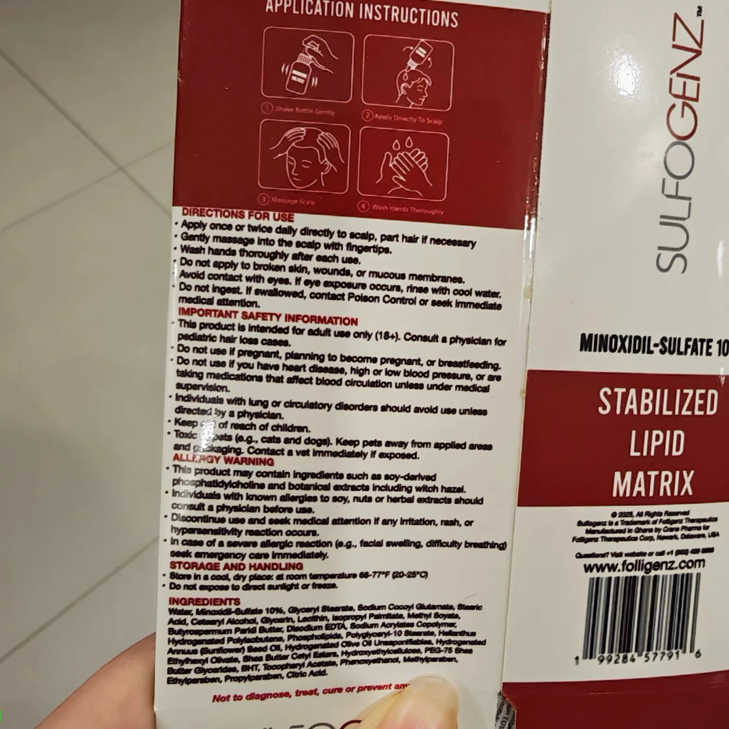 SulfoGenz carton showing directions, safety text, ingredients, barcode, and storage details