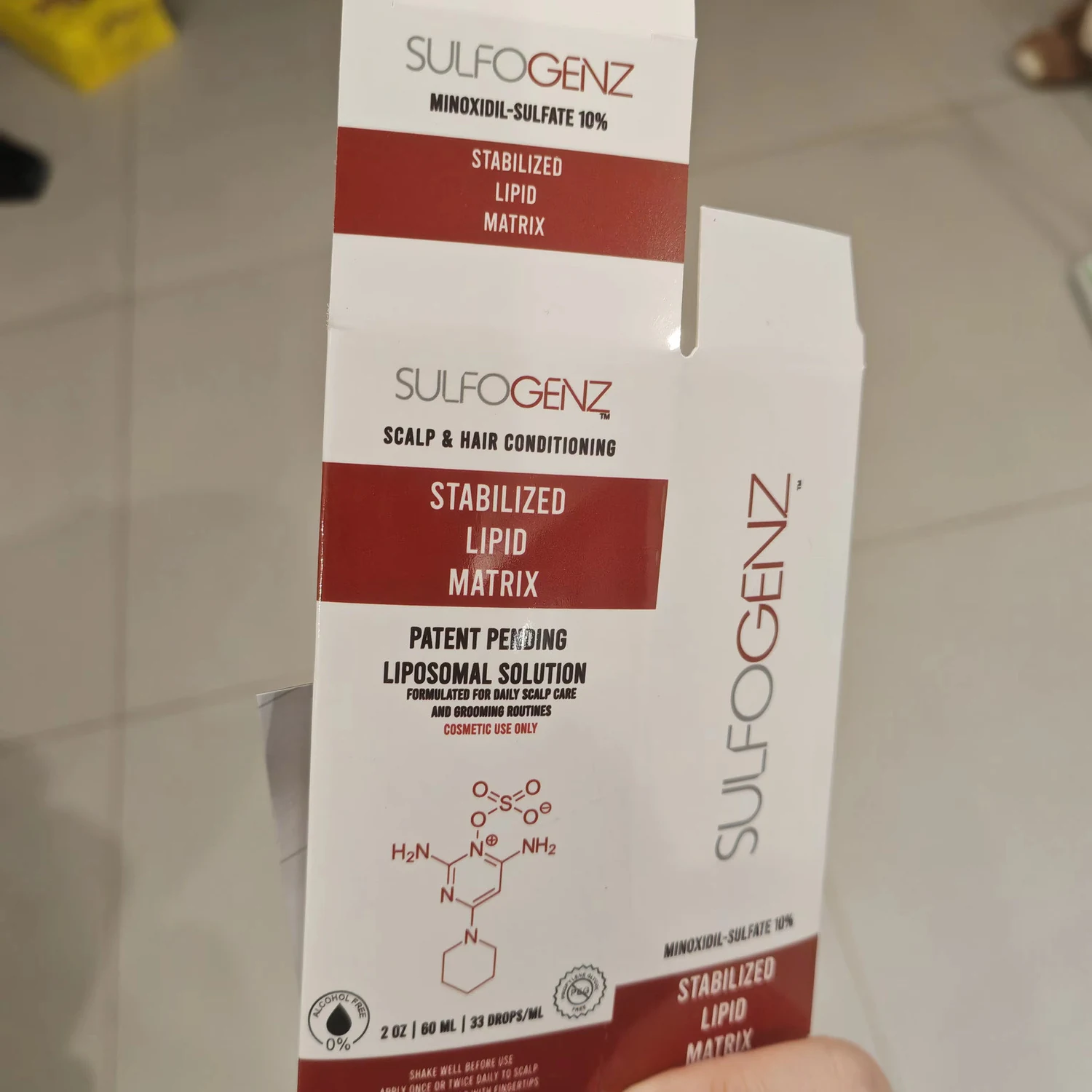 Open red and white SulfoGenz 10% carton showing the front packaging panel