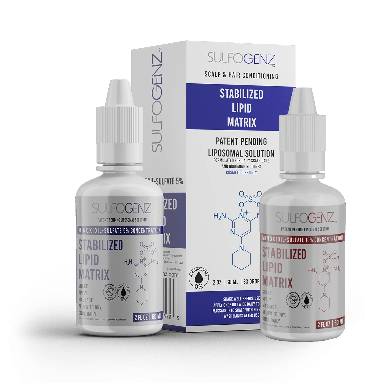 Rendered SulfoGenz bottles and carton from the FolliGenz formulation program