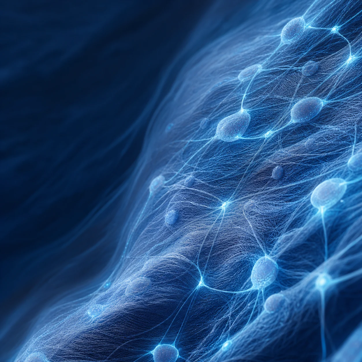 Abstract blue connected-care network flowing across a textured biological surface