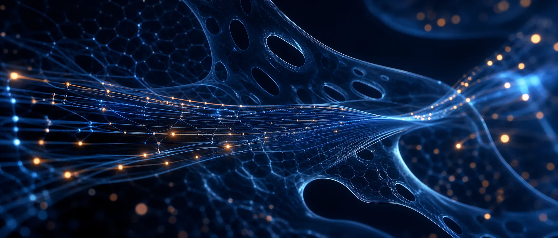 Blue and orange filaments visualizing secure prescription data exchange