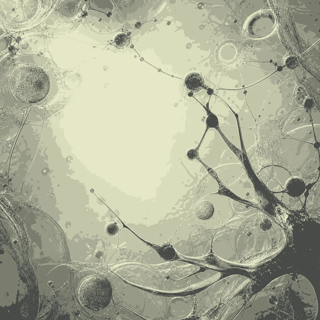 Two-tone research network connecting translucent cellular forms