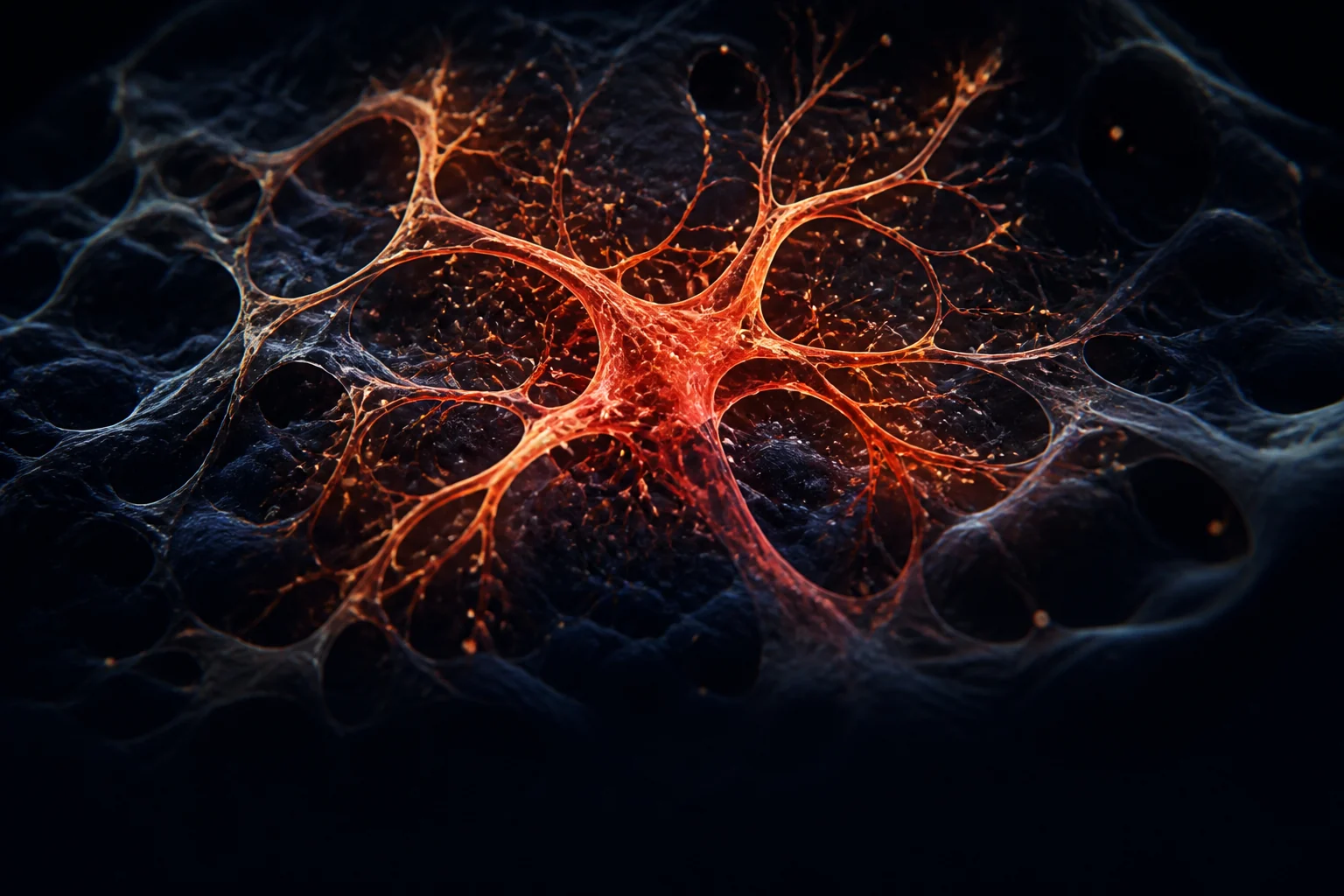 Luminous orange cellular network emerging through a dark biological field