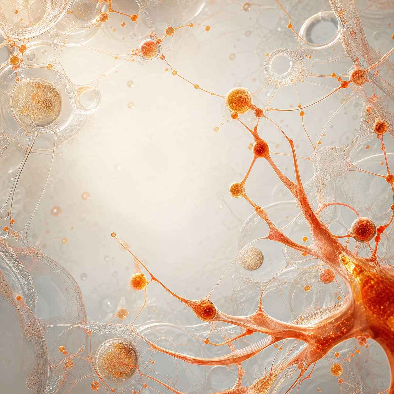 Abstract orange clinical-research network connecting translucent cellular forms