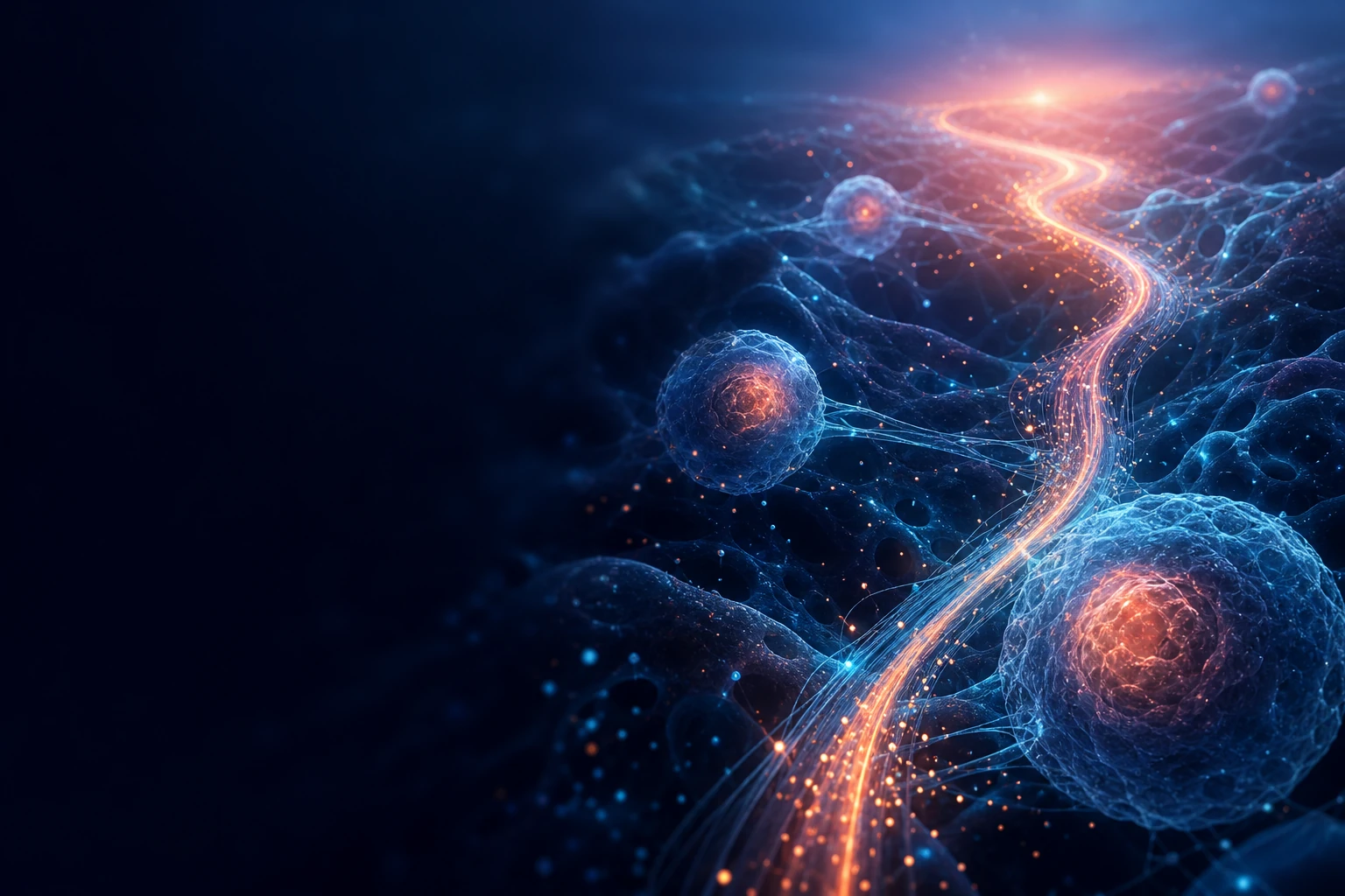 Abstract luminous pathway moving through a deep biological and data-rich landscape