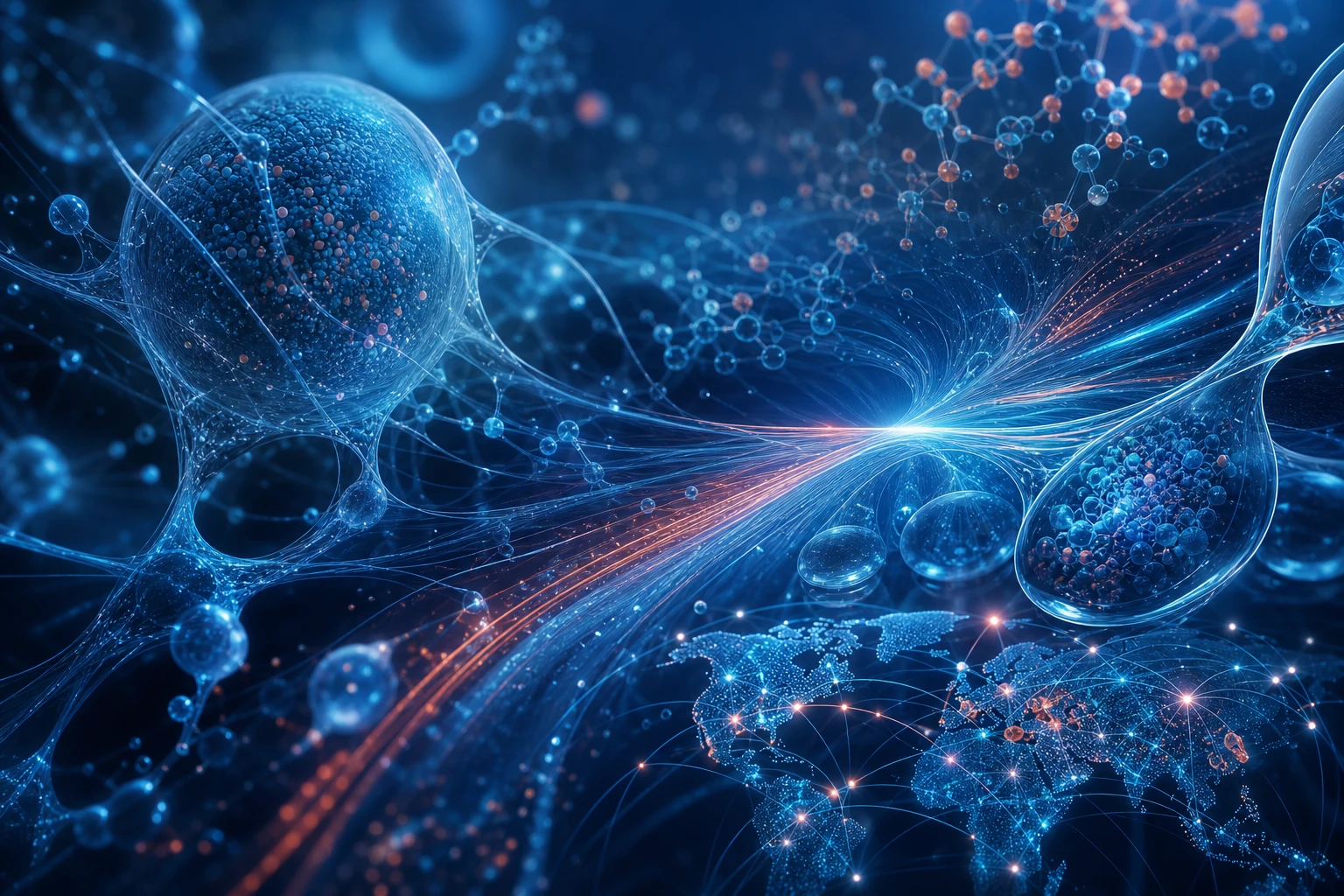 Abstract network of luminous biological pathways, molecular forms, and global healthcare signals